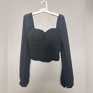 Blue Bell Sheer Long Sleeve Ruched Crop Top Black Large
